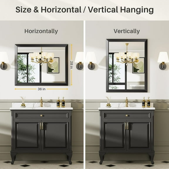 24x32 Inch Black Bathroom Mirror for Wall, Thick Metal Framed Rectangle Mirrors for Over Sink, Bedroom, Living Room, Entryway, Anti-Rust, HD Tempered Glass