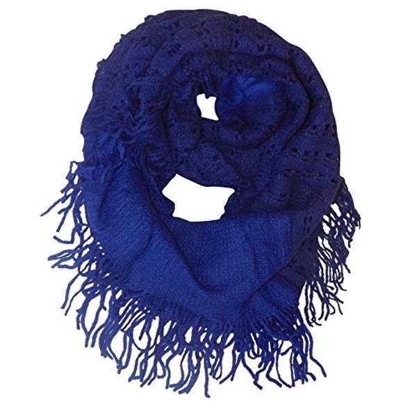 Peach Couture Warm Bohemian Crochet Hand Knitted Fringe Infinity Loop Scarf Wrap Blue Square