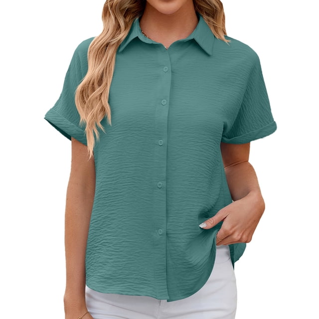 Bellella Chemises pour Femmes Hauts Boutonnés Blouse à Col à Revers Décontractée à Manches Courtes Chemise en Chiffon Tunique pour Femme Vert Foncé 2TG