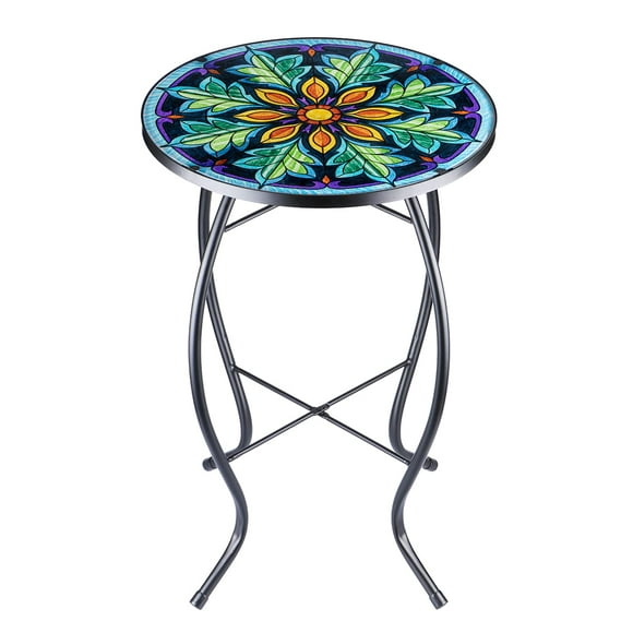 VCUTEKA Mesa auxiliar para exteriores, mesa auxiliar de mosaico, mesa auxiliar para patio, mesa auxiliar pequeña, tapa de vidrio, mesa de centro redonda para balcón, porche, tapa de vidrio para interi