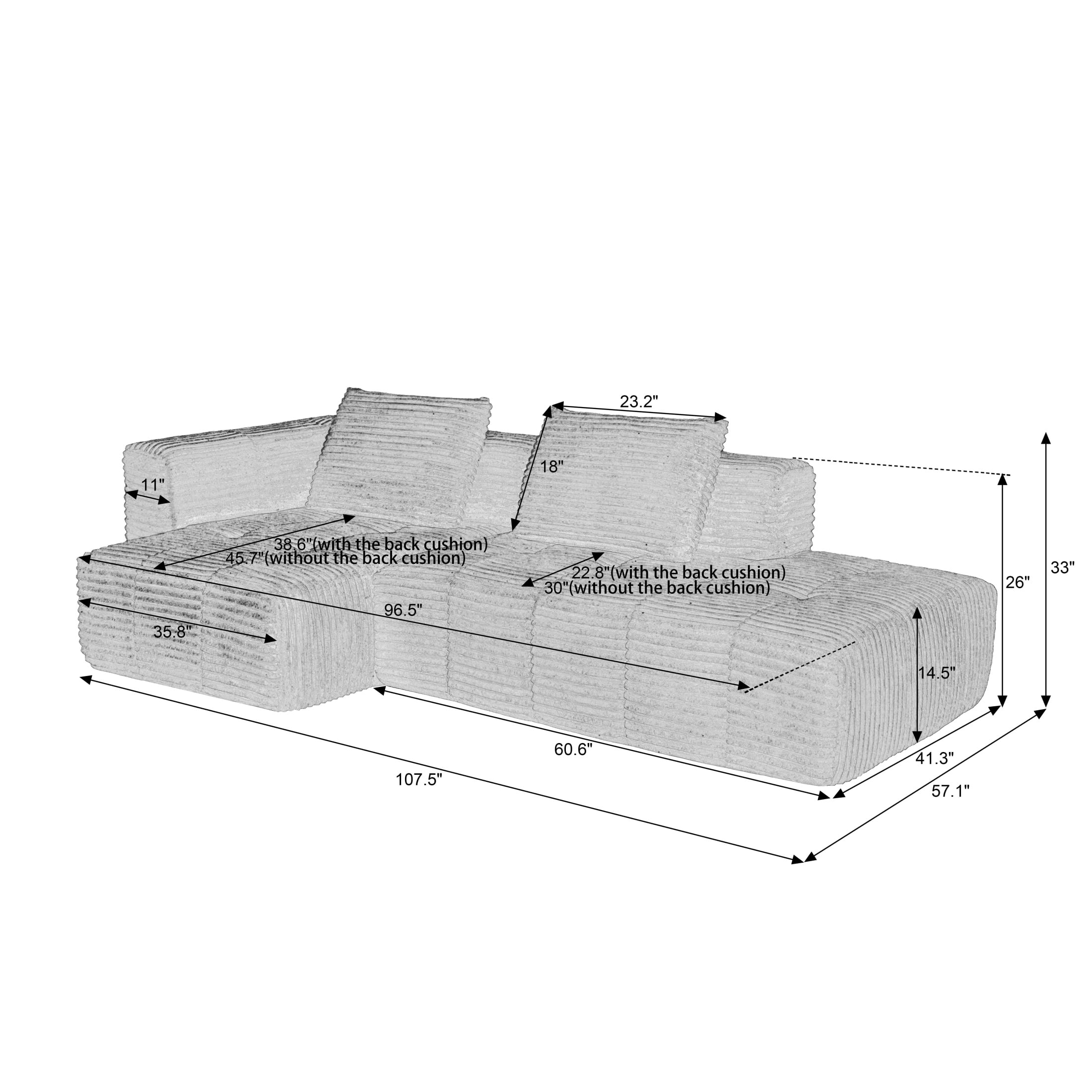 Aukfa 107" L-Shaped Modular Sectional Sofa with Chaise, 30" Deep Seat, Corduroy Fabric, Gray