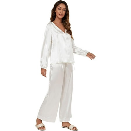 

Women Pajamas Silk-like Loungewear Spring Autumn Long Sleeve Nighty Suit V-neck Shirt with Trousers 2-Piece Sleepwear Loose Nightwear