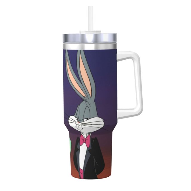 Vaso de acero inoxidable Bugs Bunny Ice King de 40 oz (con asa y pajita), para viaje en automóvil, 2 en 1, con tapa