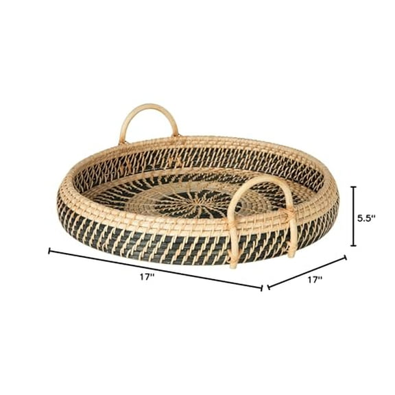 Round Rattan Serving and Breakfast Tray, Natural-Black
