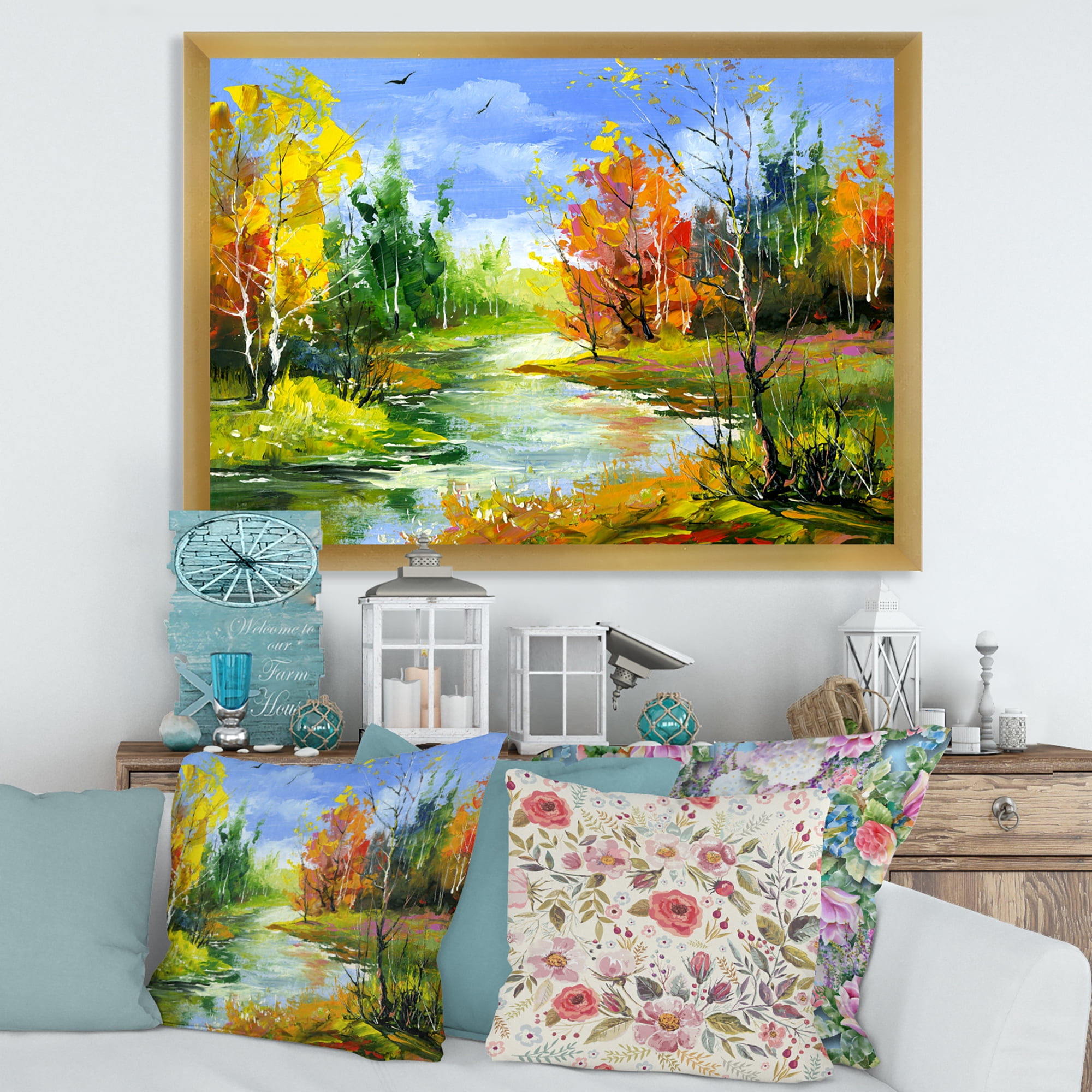Designart 'Autumn Landscape With Forest and River' Lake House Framed Art Print