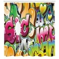 thumbnail image 3 of Urban Graffiti Shower Curtain, Throwie Style Wall Graffiti of Bubble Letters Partially Overlapping Words, Fabric Bathroom Set with Hooks, 69W X 84L Inches Extra Long, Multicolor, by Ambesonne, 3 of 3