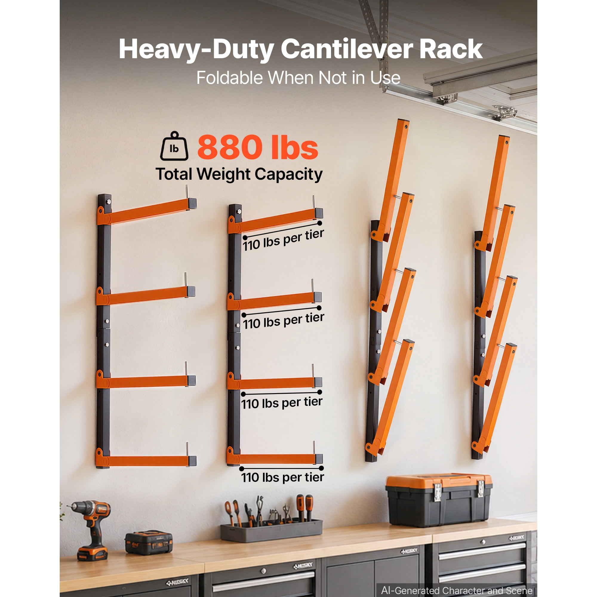 KFFKFF 4-Tier Lumber Rack,4-Pack with 110 lbs Capacity per Tier,Foldable Wall-Mounted Wood Storage for Garages,Workshops,Warehouses,Adjustable Cantilever Arms,Steel Construction,Orange & Black Design