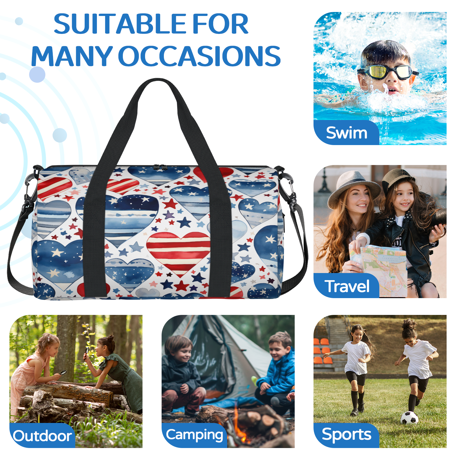 Herdesigns 4th Of July Heart Travel Duffle Bag Sports Yoga Weekender Overnight Carry on Workout Bags Lightweight Waterproof Gym Tote Bag for Women