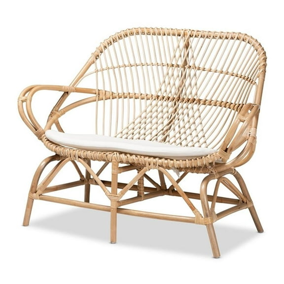 Bowery Hill Modern Bohemian White Fabric and Brown Rattan Loveseat