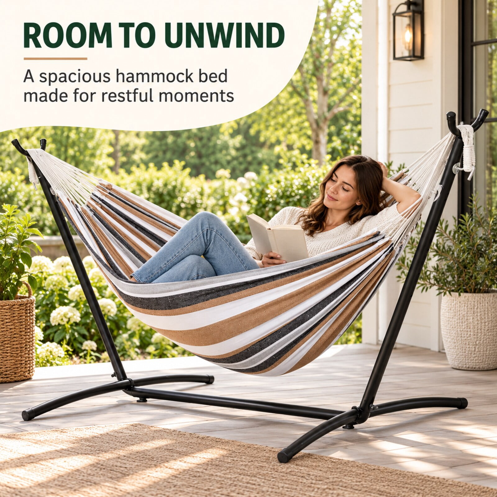 Inolait Portable Double Hammock with Stand, 2-Person Outdoor Hammock with Carrying Bag Stripe Pattern