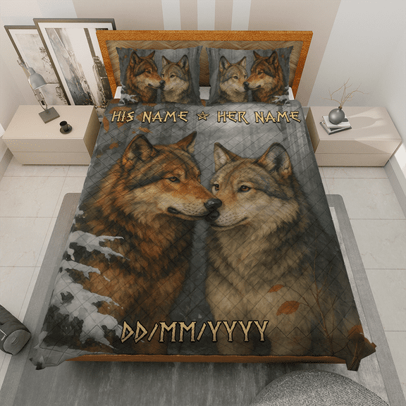 Personalized Wolf Couple Quilt Bedding Set – Custom Couple Quilt & Pillowcases - Custom His Name & Her Name & Date, Bedroom Decor Gift
