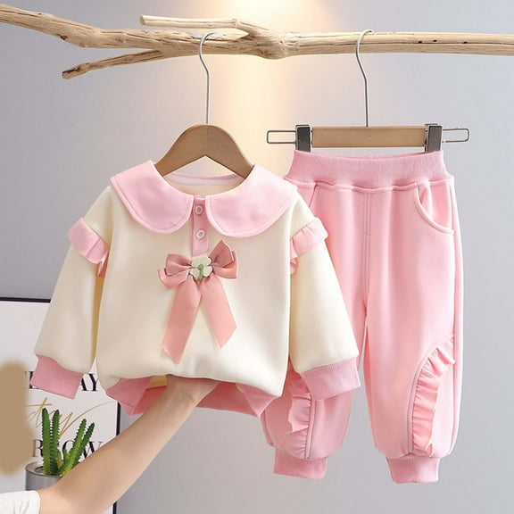 lkfuzj Toddler Baby Girl Fleece Loungewear 2 Piece Sets Fall Winter Velvet Thickened Long Sleeve Sweatshirt Top   Casual Pants Sweatsuit Set Infant Clothes - Pink