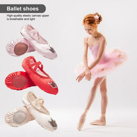 

Yanerim 1 Pair Girls Ballet Shoes Soft Sequin Crown Pattern Anti-skid Bottom Elastic Band Faux Silk Breathable Wear-resistant Toddler Big Kid Children Dance Slippers