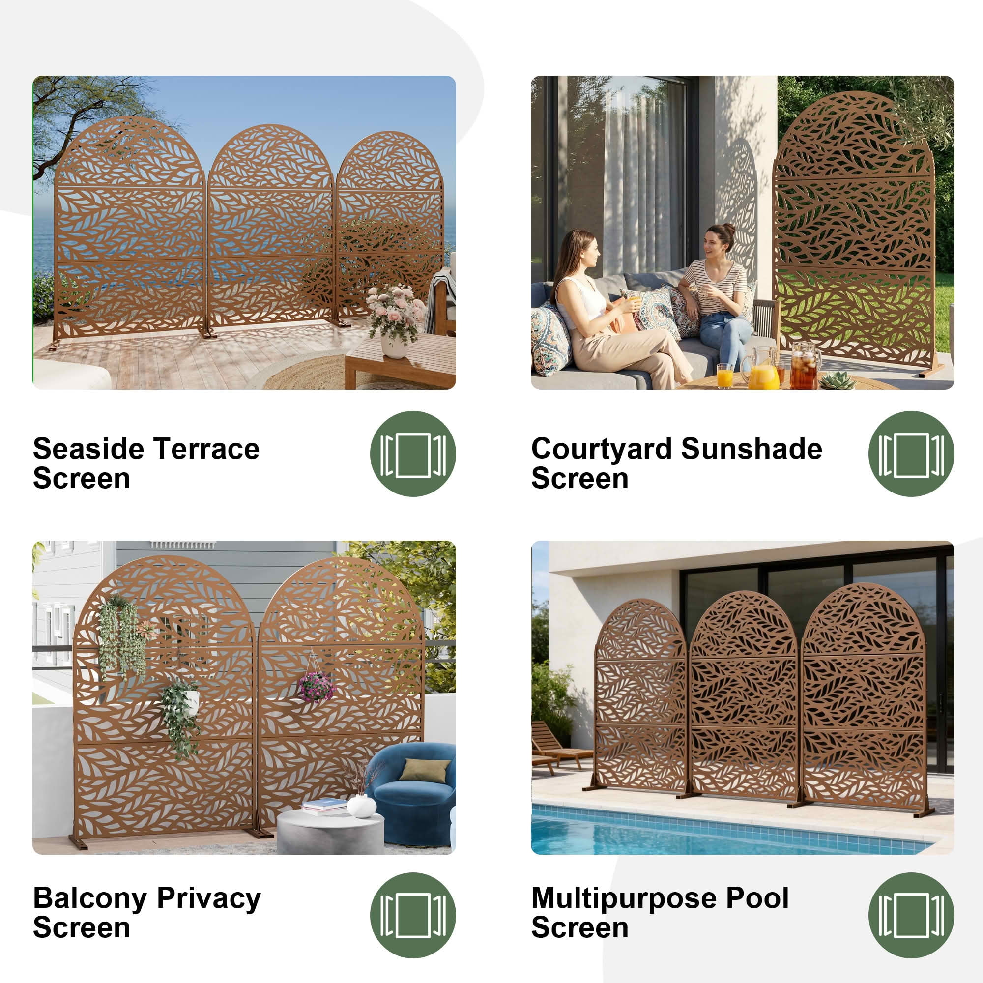 MAYEERTY Brown Arched Galvanized Metal Privacy Screen, Outdoor Garden Patio, 72×47×16in, 3 Panels