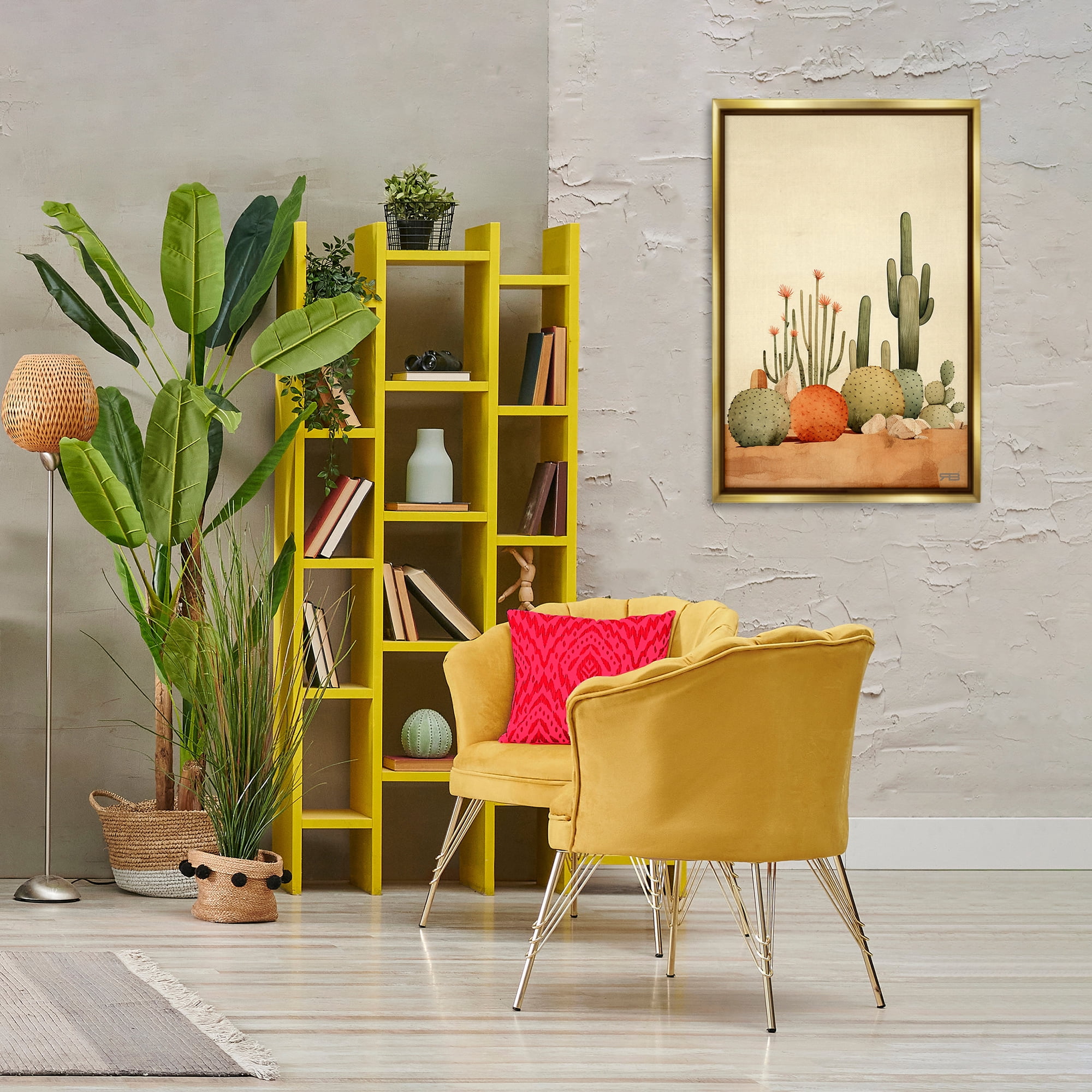 Stupell Industries Desert Cactus Scenery Landscape Painting Gold Floater Framed Art Print Wall Art, 21 x 31