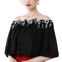 SWSMCLT Women's Vintage Shrug Bolero Sheer Cape Ruched Top Off The Shoulder Shawls and Wraps Bridal Chiffon Wedding Open Back Capelet Black Small-Large