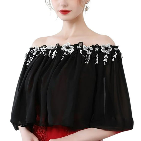 SWSMCLT Women's Vintage Shrug Bolero Sheer Cape Ruched Top Off The Shoulder Shawls and Wraps Bridal Chiffon Wedding Open Back Capelet Black Small-Large