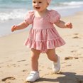 thumbnail image 6 of Fesfesfes Baby Toddler Girls Plaid Puff Sleeve Romper Dress with Bow Headband, Cute Summer Short Sleeve Onesie Bodysuit Outfit for Daily Wear Kids 0-18 Months Old., 6 of 8