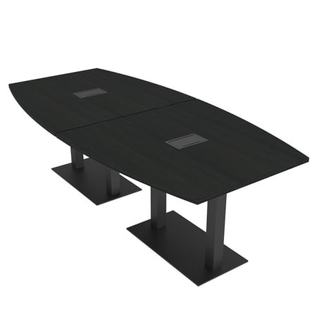 Harmony Series 8 Person Boat Shaped Conference Table with Power & Data | Matte Black Square Metal Base Modular Meeting Room Tables for Offices Training Rooms and Homes | Black Cypress - 8ft
