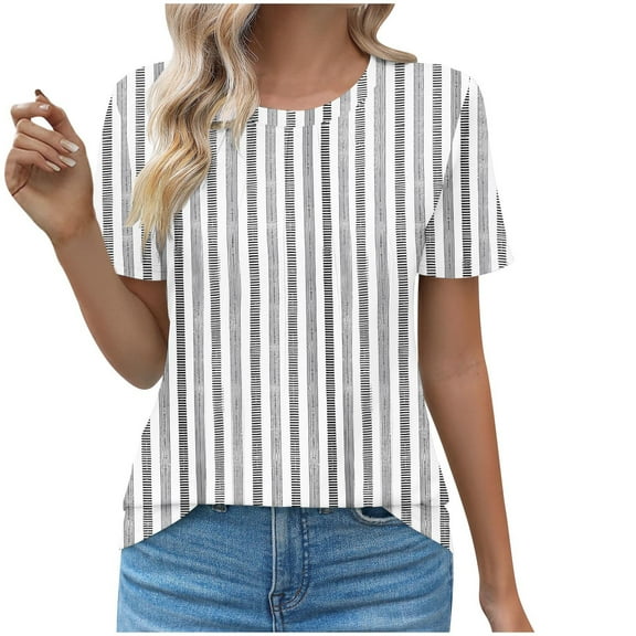FNFYFH Short Sleeve Tops for Women Striped T-Shirt Causal Crewneck Tunic Tops,Gray