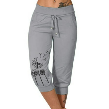 

Frontwalk Women Capri Pants Closed Bottom Crop Pants Loose Drawstring Lounge Pajama Yoga Capris with Pockets Gray 3XL