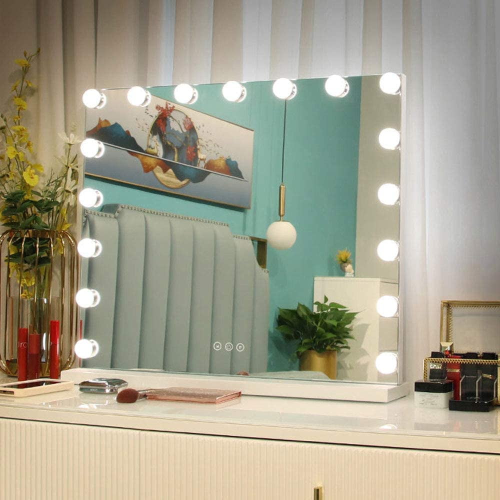Touch Screen Mirror with 12 Bulbs 3 Color Lighting Modes White Tabletop Mirror with USB Port OUO Hollywood Makeup Vanity Mirror with Lights 