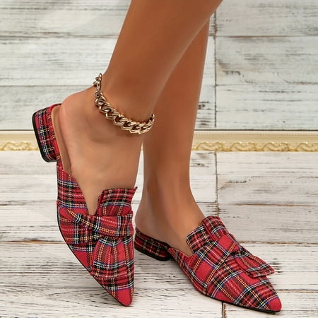 

Women s Plaid Flat Mules Pointed Toe Slip On Backless Loafers All-Match Slip On Slide Shoes