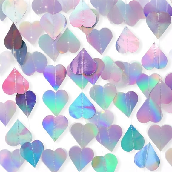 Heart Garland Party Decorations, 52Ft Iridescent Disco-Holographic Hanging Birthday Banner, Neon Paper Streamers for Wedding Baby Bridal Shower Engagement Valentines Day Decor