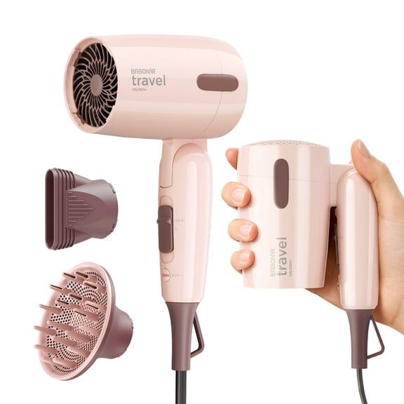 BABONIR Dual Voltage Travel Hair Dryer, 1600W Foldable Blow Dryer, Lightweight 0.8 lb with Diffuser, Concentrator Nozzle and Storage Bag, Pink
