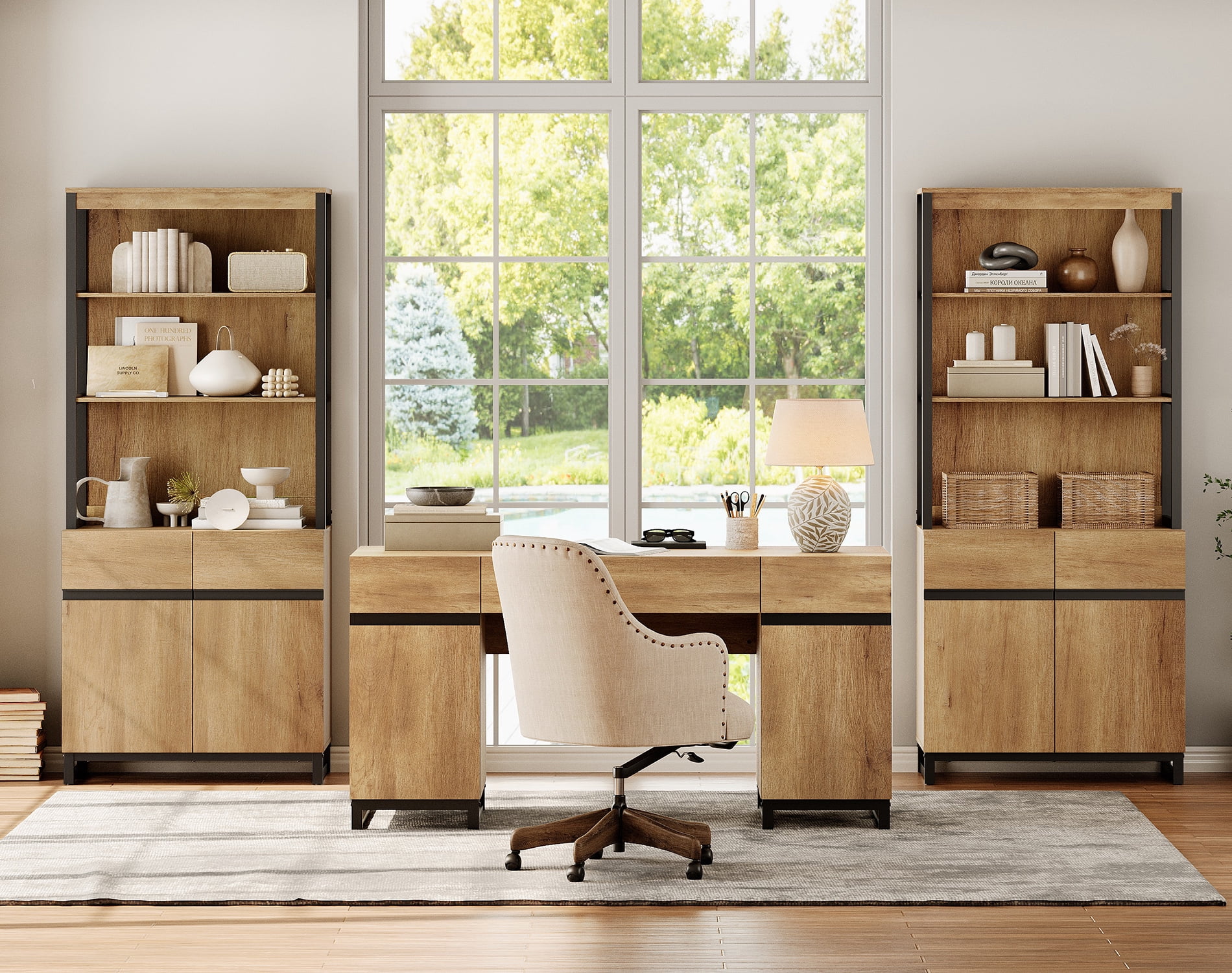 WAMPAT Home Office Set: 59" Modern Desk with Charging Station and Storage Cabinet, 72" Tall Bookcases with Adjustable Shelves, Wood Computer Desk and Library Storage Cabinet for Work Study, Oak