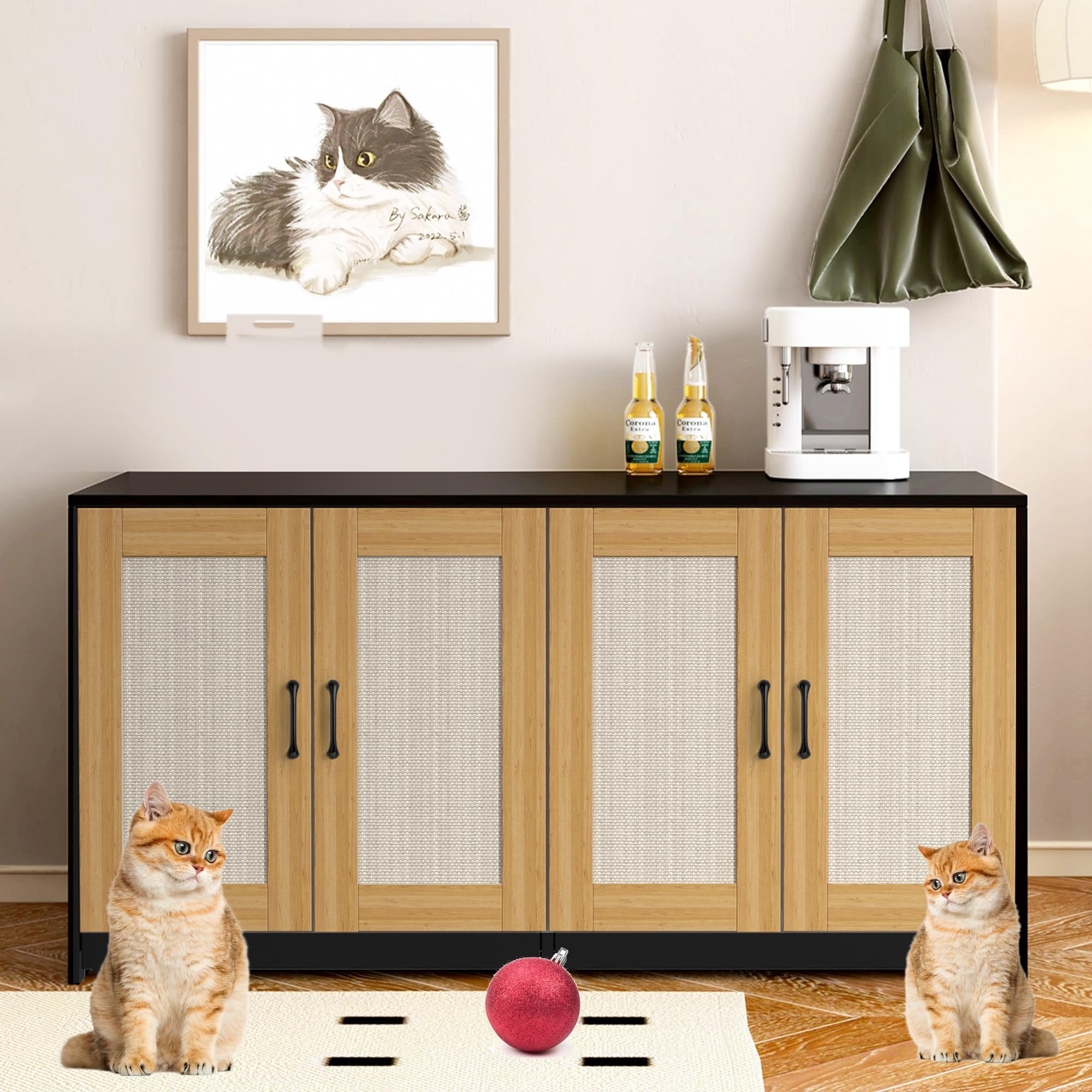 Garvee Litter Box Enclosure for 2 Cats, 47.2" Large Wood Hidden Litter Box Furniture for 2 Boxes with Sisal Doors and Sliding Drawers, Indoor Cat House TV Stand