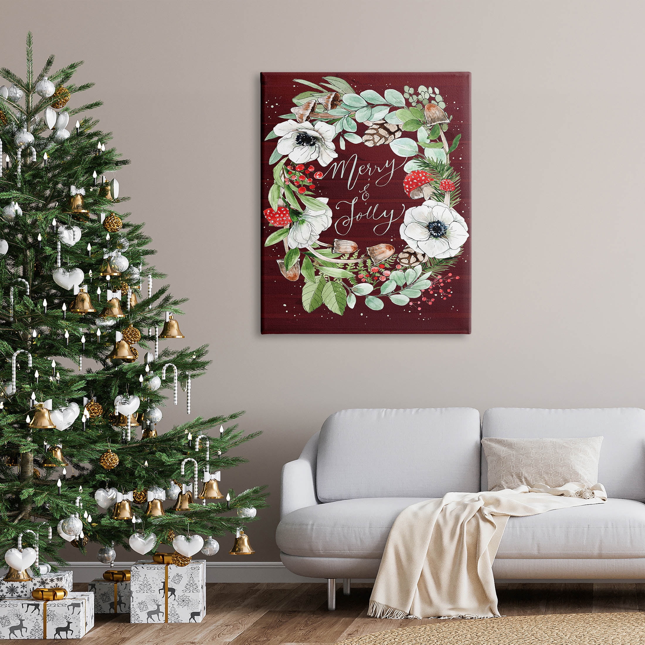 Merry & Jolly Seasonal Mushroom Wreath Holiday Graphic Art Gallery Wrapped Canvas Print Wall Art