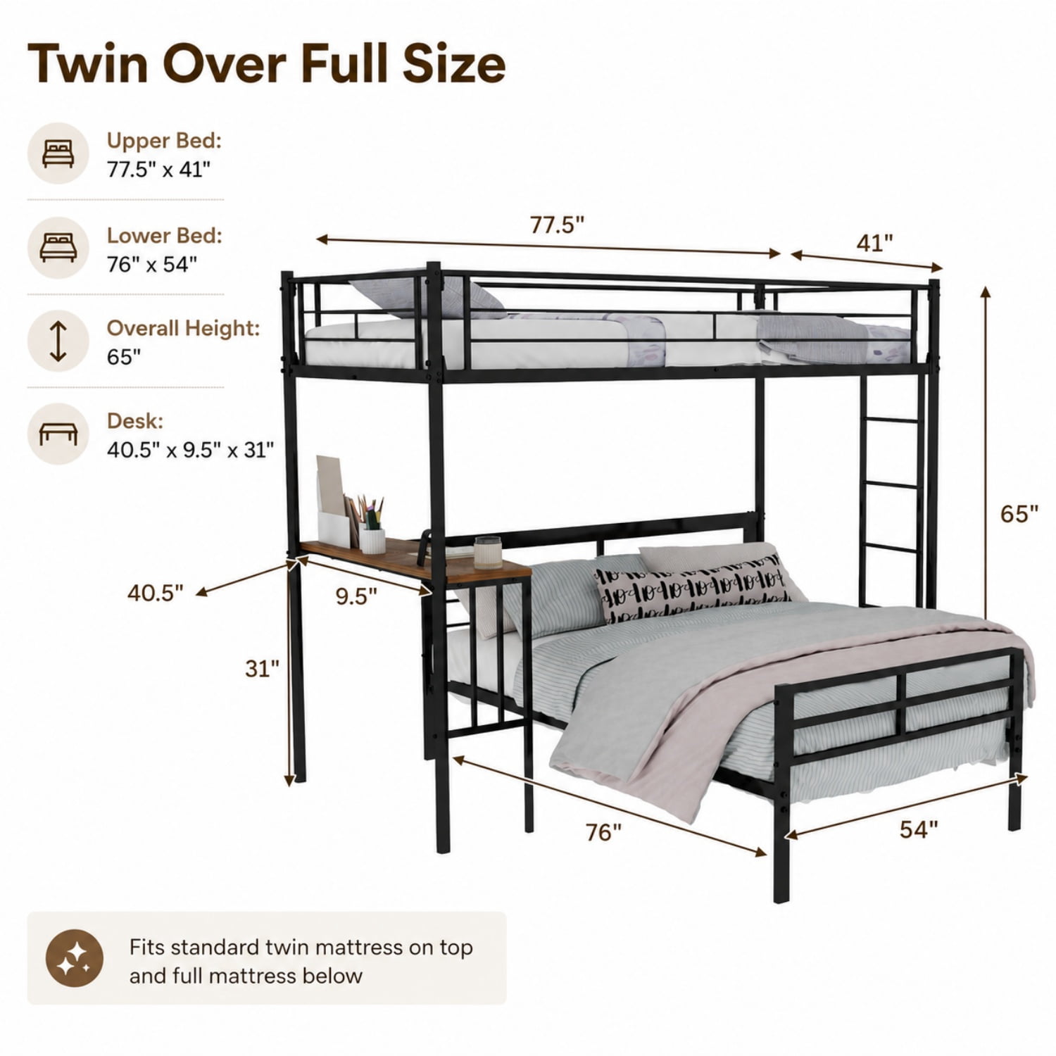 Miniyam Twin Over Full Bunk Bed with Built-In Desk – Metal Space-Saving Bed for Kids, Teens, Dorm Rooms, Black
