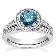 Pompeii 3/4ct Treated Blue Diamond Engagement Ring Wedding Band Set 14K White Gold