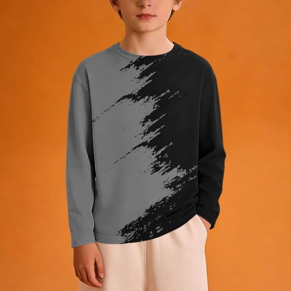 Boys Long Sleeve Crewneck Shirt - Gray Graphic Color Block Top for Kids, Soft Stretch Casual Tee for School & Play Ages 3-14 Years,Size 5-6 T