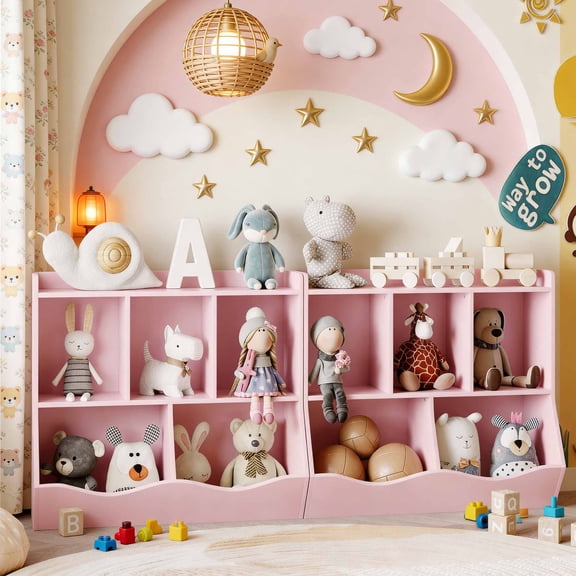 Set of 2 Kids Bookshelf and Toy Storage, Toddler Toddler 5 Cubby Toy Storage Cabinet, Montessori Toy Organizer for Nursery, Playroom, Kids Room