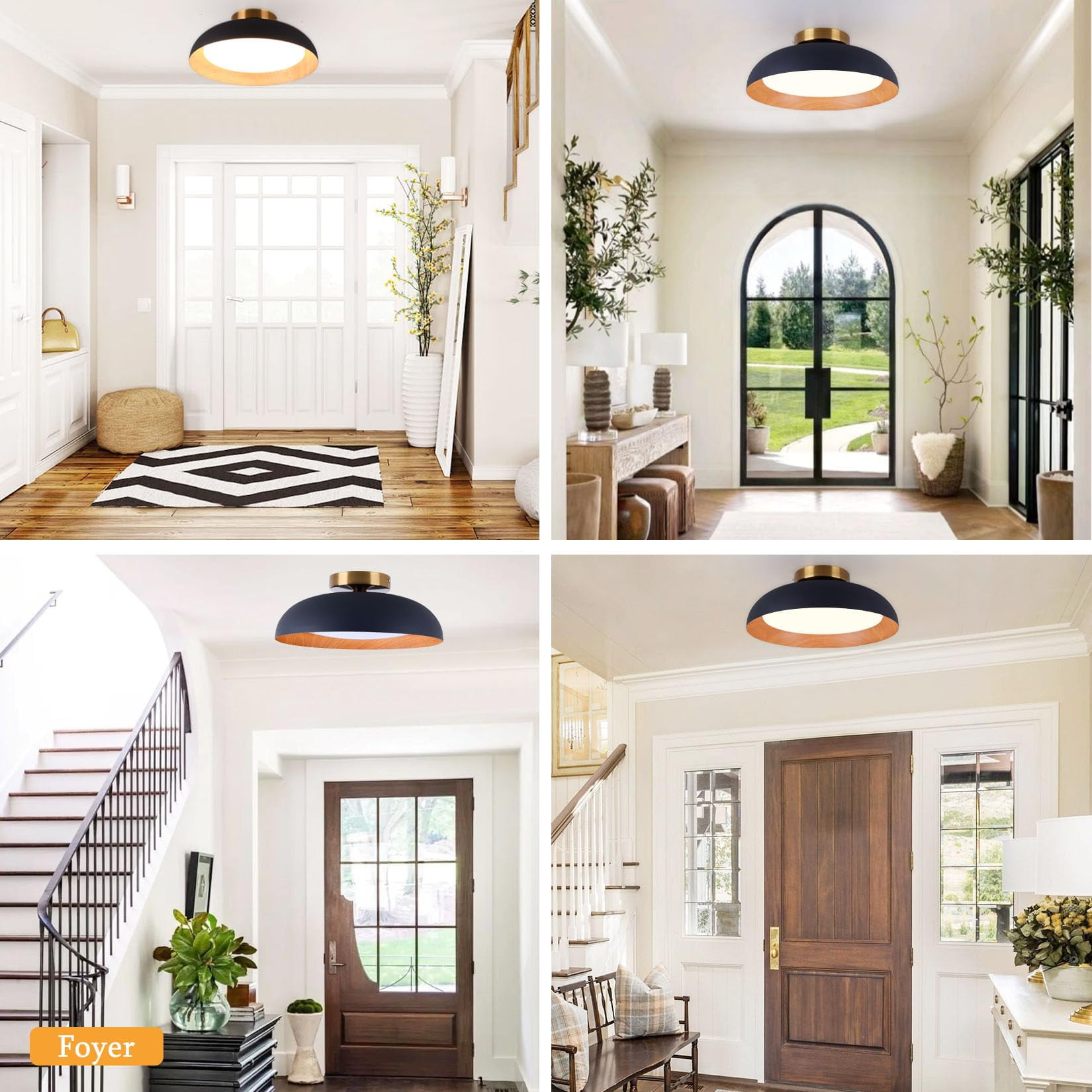 BESTOMINE Flush Mount Ceiling Light,12.5 inch LED Ceiling Light Fixture,2700K-6000K/20W, Matte Black with Wood Accent