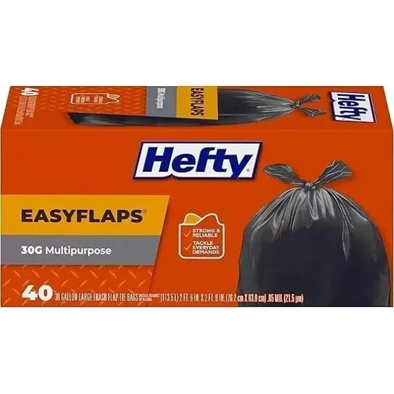 Hefty Easy Flaps Multipurpose Large Trash Bags, Unscented, 30 Gallon, 40 Count