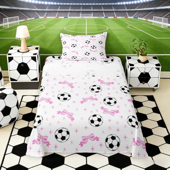 Erosebridal Pink Bowtie Soccer Twin Sheet Sets, Cute Sport Bedding for Girls and Boys, 3-Piece, 1 Flat Sheet, 1 Fitted Sheet and 1 Pillowcase