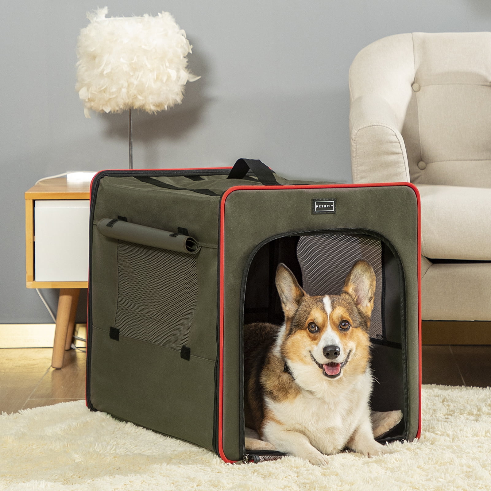 Petsfit Soft Collapsible Dog Crate, 31" Portable Travel Dog Crate with Mesh Windows for Large Dogs, Pet Kennel Suitable for Car Army Green