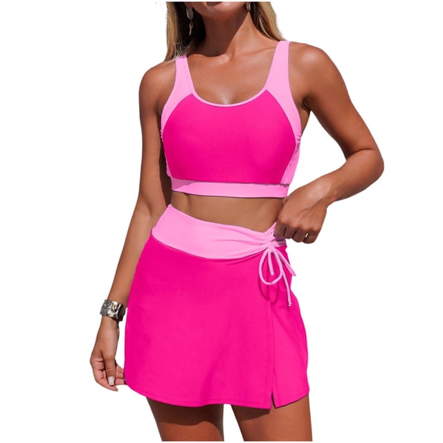 Color Block Tankini Set with Skirt Sporty Swimsuit with Side Pockets, Two Tone Swim Outfit