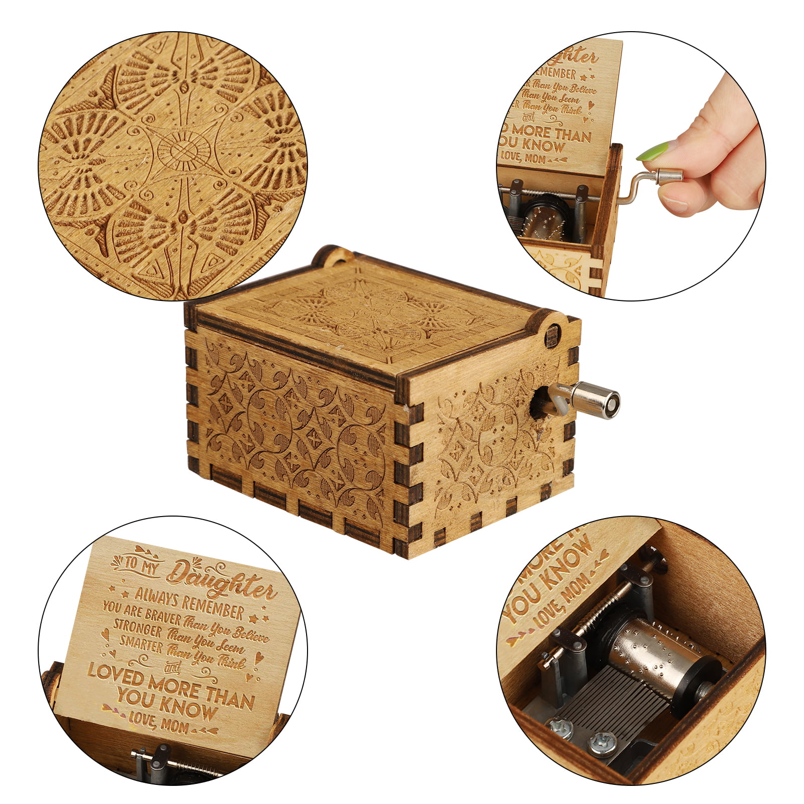 Merry Christmas Music Box Laser Engraved Vintage Wooden Sunshine Musical Box Gifts Christmas snowflake and bell keychain for Birthday Christmas New year