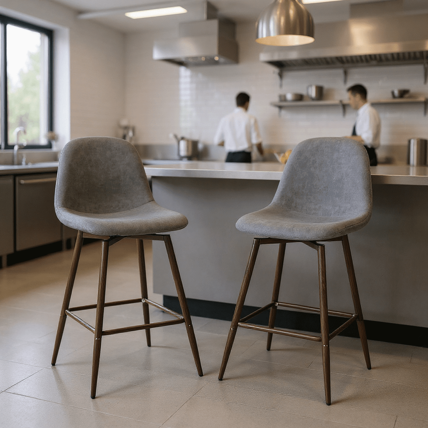 Homy Casa Set of 2 Contemporary Bar Stools, 26 in. Seat Height with Fabric Upholstery and Wooden Legs, Grey