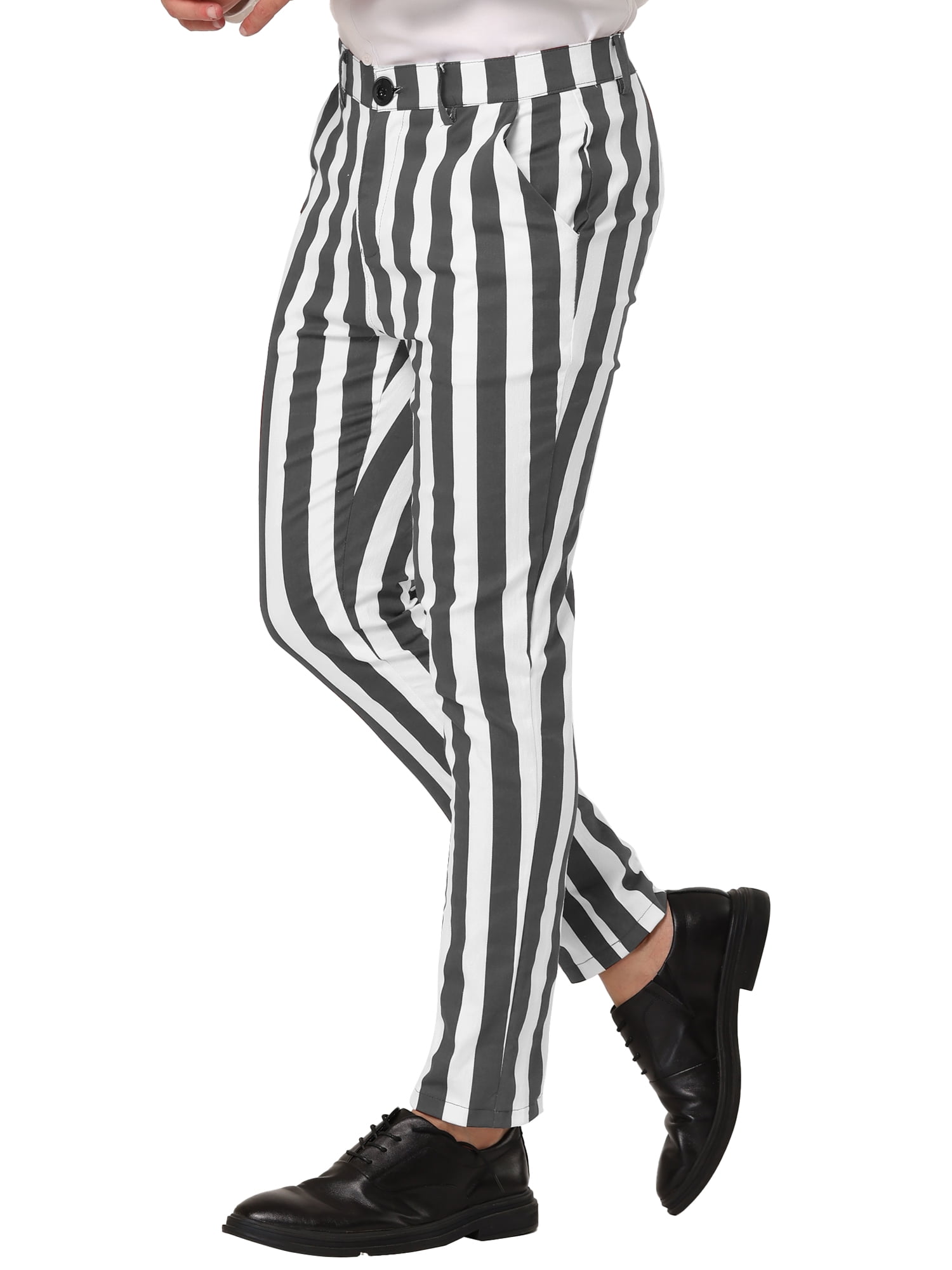 Unique Bargains Men's Striped Pants Business Skinny Fit Color Block Trousers 36 Gray White