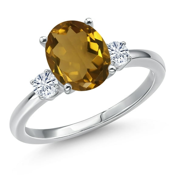 Gem Stone King 14K White Gold Whiskey Quartz and White Moissanite Engagement Ring for Women | 2.20 Cttw | Oval 10X8MM | Gemstone Birthstone | Size 8