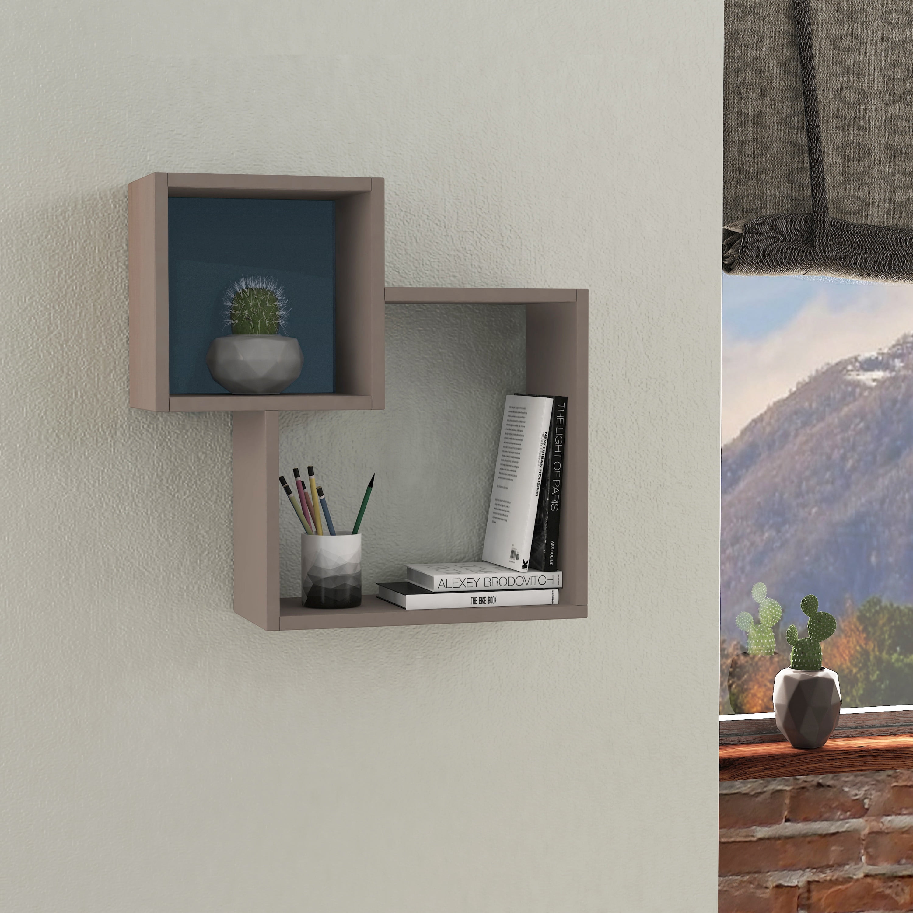 Ada Home Decor Furniture 22.64" 2 Tier Light Mocha Wilkins Modern Wall Shelf