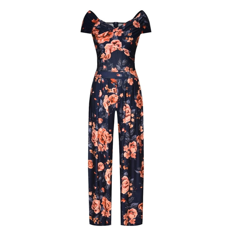 Women summer long floral print pattern dark blue rompers straight halter jumpsuit Women summer long floral print pattern dark blue rompers straight halter jumpsuit