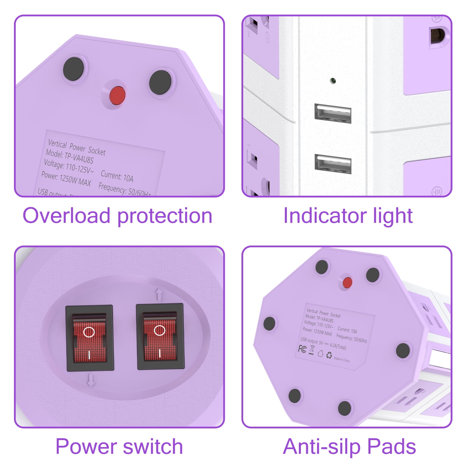 HITRENDS Surge Protector Power Strip Tower with 8 Outlet 4 USB Ports, 6.5ft Power Cord  Electric Charging Station, Purplish-white