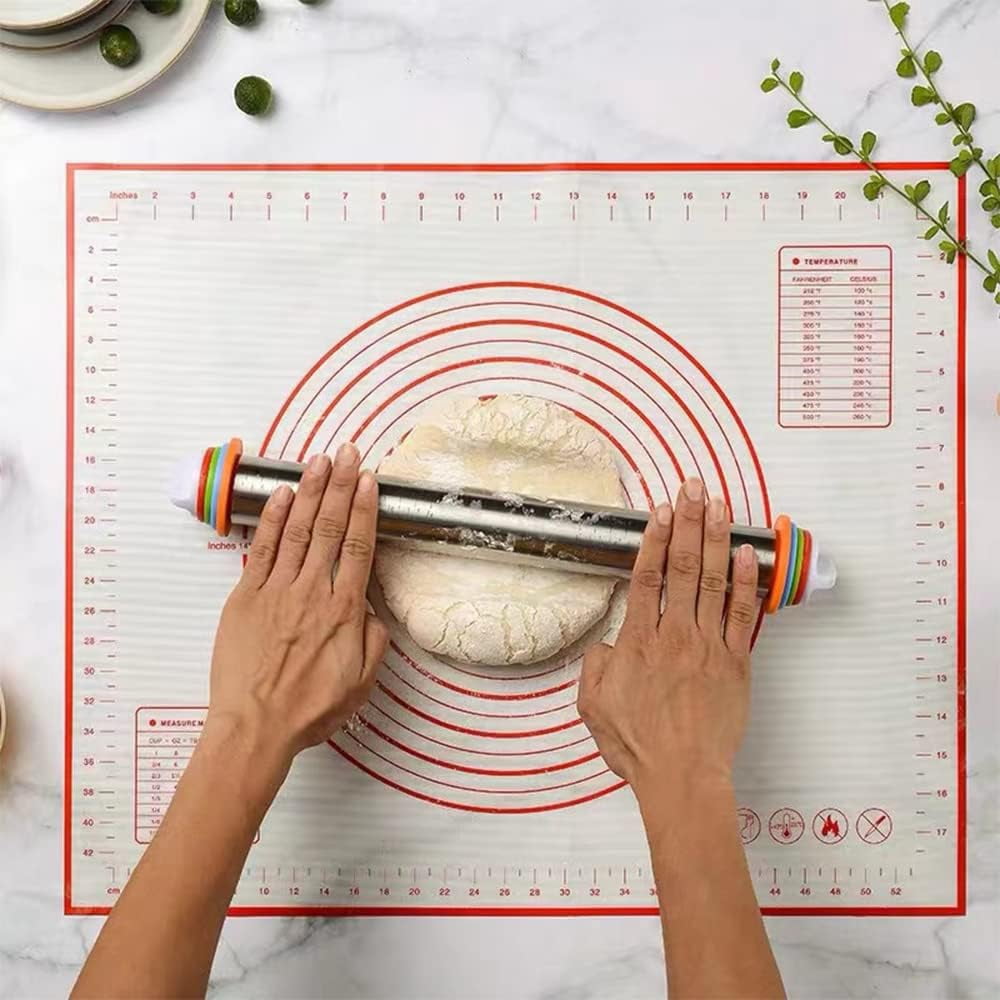 17" Stainless Steel Rolling Pin, Non-Stick Roller with Silicone Removable Rings and Baking Mat, Kitchen Bake Tools for Cooking Pizza Pie Cookies Pastries