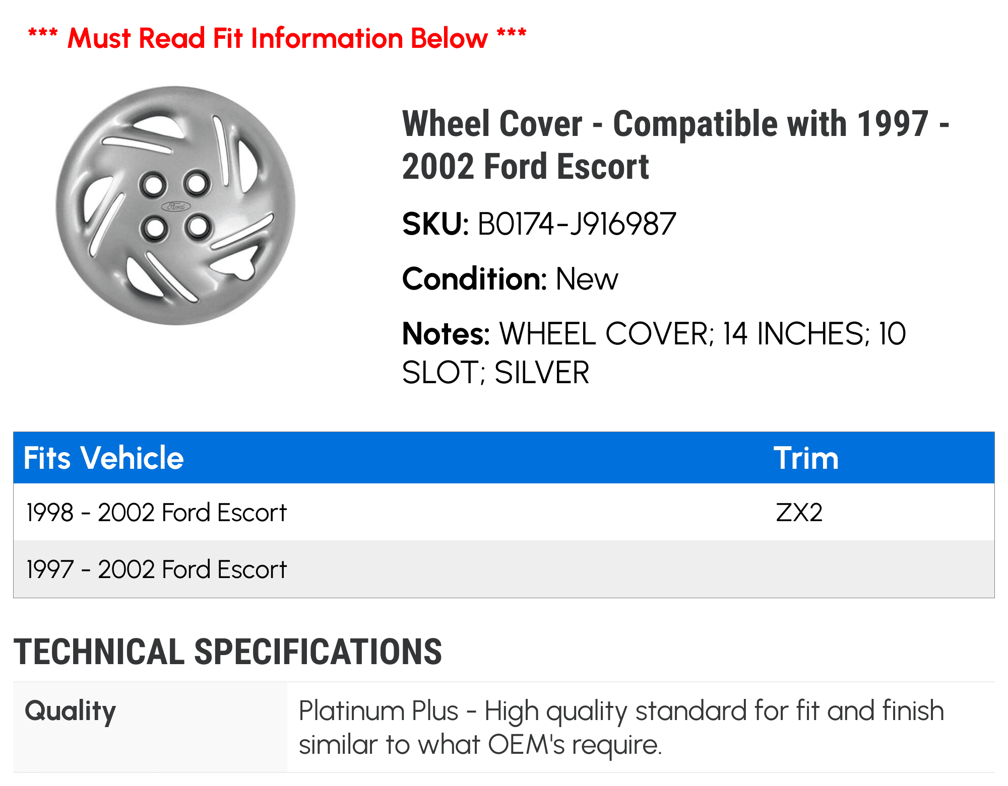 Wheel Cover - Compatible with 1997 - 2002 Ford Escort 1998 1999 2000 2001